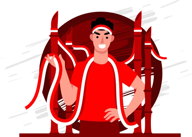 Man carrying red and white ribbon with pointed bamboo  Illustration