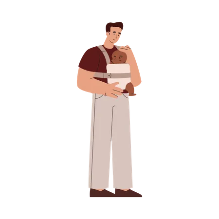 Man Carrying Sleepy Baby In Sling Flat Vector Illustration Isolated Newborn Care Concept Single Parent With Little Child Father Holding Baby Illustration