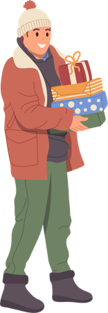 Man carrying stack of Christmas gift box packs for relatives  イラスト