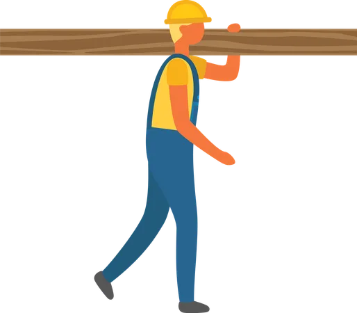 Man Wearing Helmet Vector Worker In Uniform Carrying Wooden Plank For Construction Of New Building Blond Man Working Isolated Character Flat Style Illustration