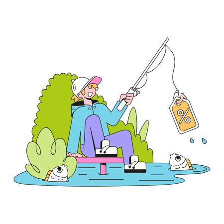 Man Catches Discount With Fishing Rod  Illustration