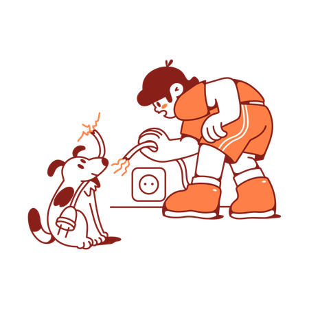 Man catches dog snacking on wire  Illustration
