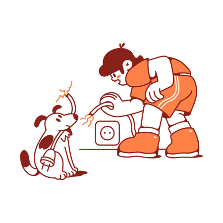 Man catches dog snacking on wire  Illustration