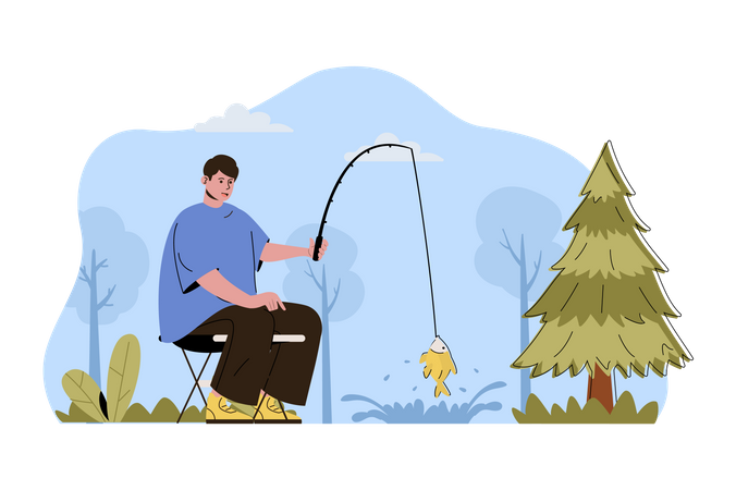 Man catching fish using fishing rod Illustration