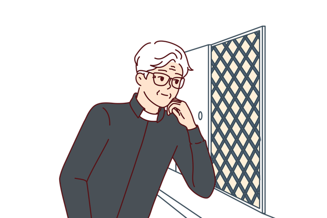 Man catholic priest listens to confession located in church in room with mesh wall  Illustration