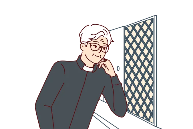 Man Catholic Priest Listens To Confession Located In Church In Room With Mesh Wall Elderly Christian Minister Conducts Confession Procedure Allowing Parishioners To Remove Burden From Souls Illustration