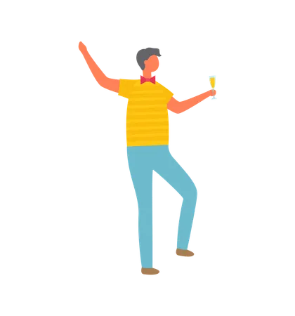 Man In Yellow T Shirt And Blue Jeans Celebrate Christmas Drunk Guy With Glass Of Champagne Send Best Wishes To Everyone In New Year Vector Isolated Illustration