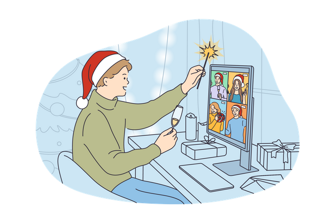 Man celebrate Christmas with friend  Illustration