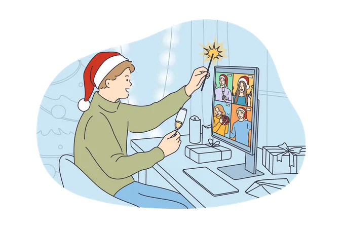 Man celebrate Christmas with friend  Illustration