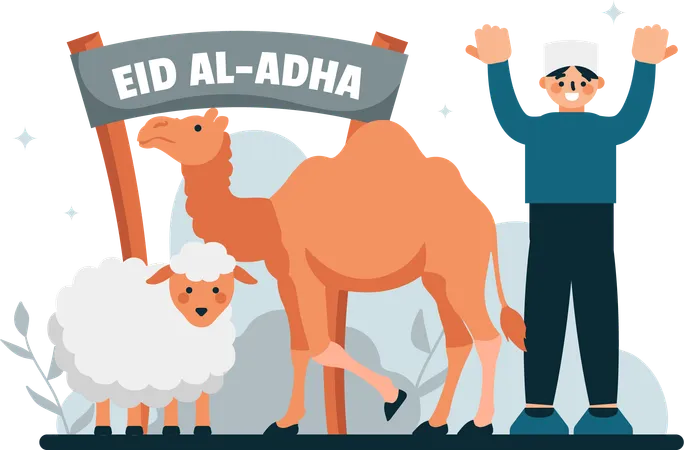 Man celebrates Eid with sheep and camels  일러스트레이션