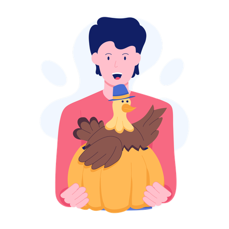 Man celebrating autumn festival with Thanksgiving Turkey  Illustration