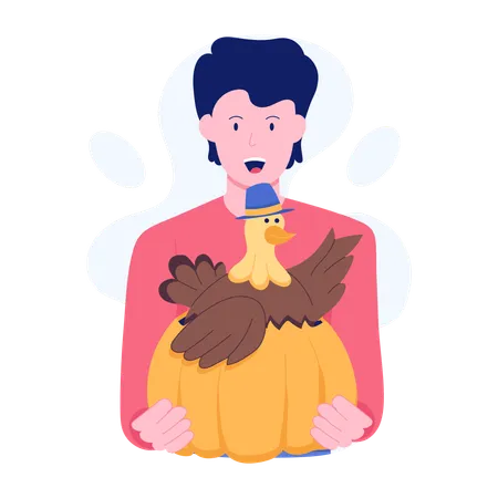 Man celebrating autumn festival with Thanksgiving Turkey  Illustration