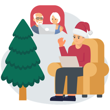 Man celebrating christmas online with family  Illustration