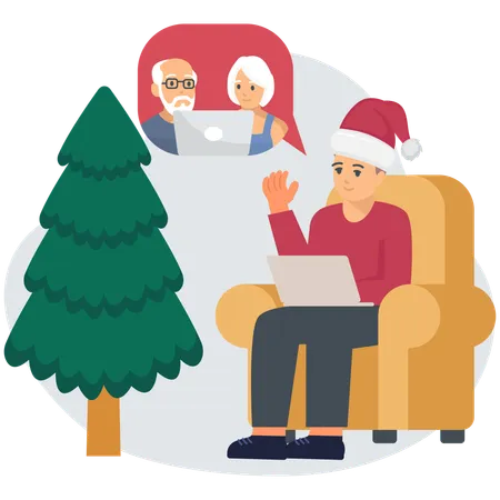 Man celebrating christmas online with family  Illustration