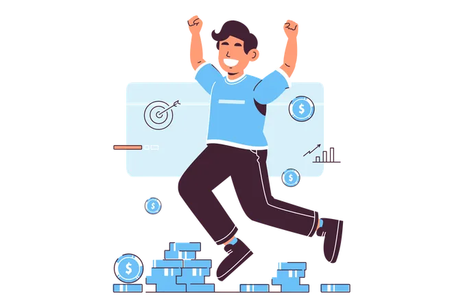 An Exuberant Illustration Of A Young Man Joyously Celebrating Financial Success Depicted With Him Leaping Above A Pile Of Coins And Bills Illustration