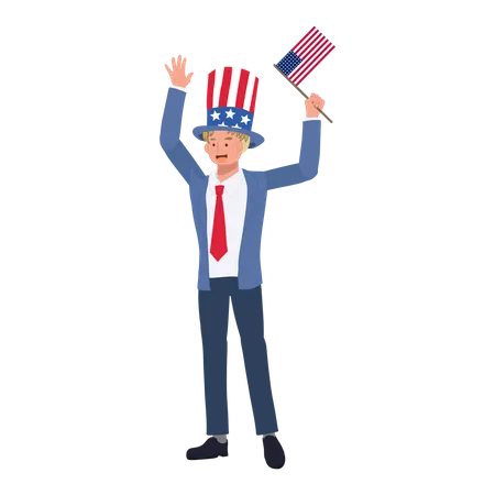 Independence Day Concept A Man In Suit With American Flag And Hat Is Celebrating Fourth Of July Flat Vector Cartoon Illustration Illustration