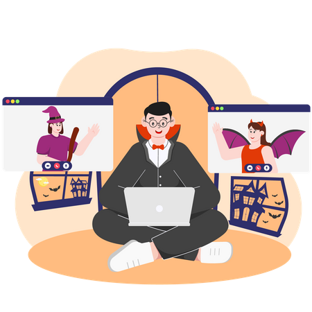 Man Celebrating Halloween Party via Video Call  Illustration