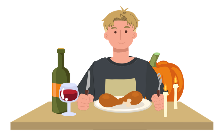 Man Celebrating Thanksgiving Feast With Turkey Drumstick  イラスト