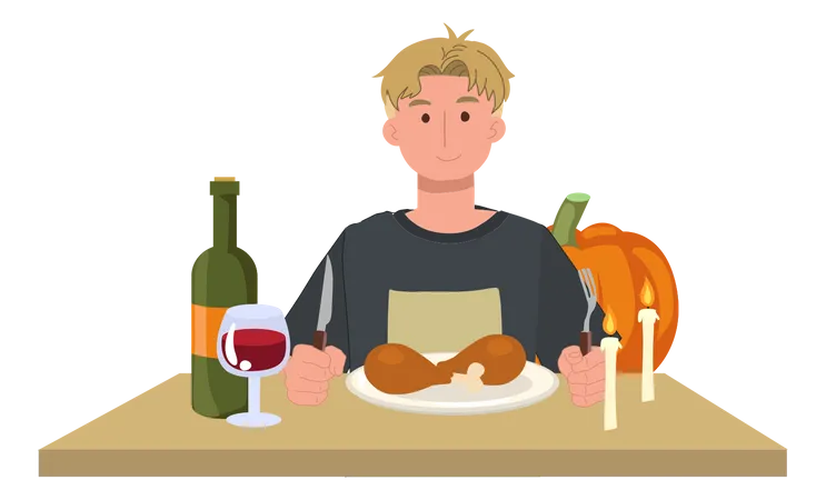 Festive Thanksgiving Dinner Man Celebrating Thanksgiving Feast With Turkey Drumstick Illustration