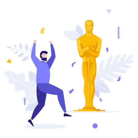 Man Celebrating Victory Near Golden Oscar Statuette Concept Of Winner Of Best Film Nomination Nominee Of Cinematography Academy Awards Modern Flat Colorful Vector Illustration For Banner Poster Illustration
