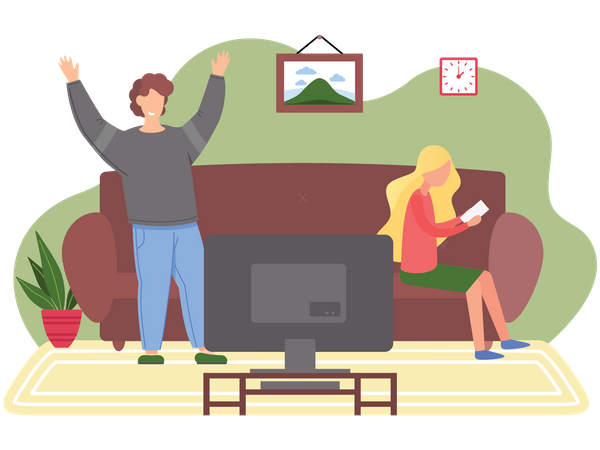 Man celebrating while watching television  Illustration