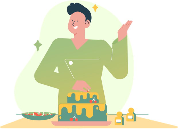 Man Celebrating with Cake  Illustration