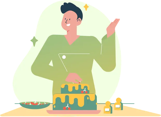 Man Celebrating with Cake  Illustration