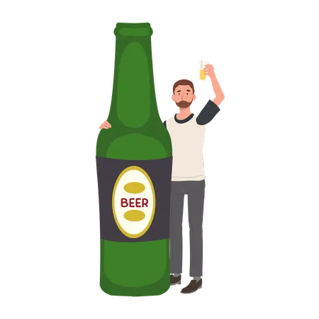 Man Celebrating with Oversized Beer Bottle  Illustration