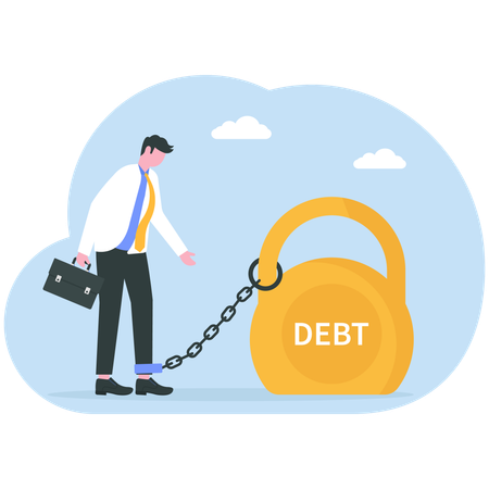 Man chaining to a huge weight debt  Illustration