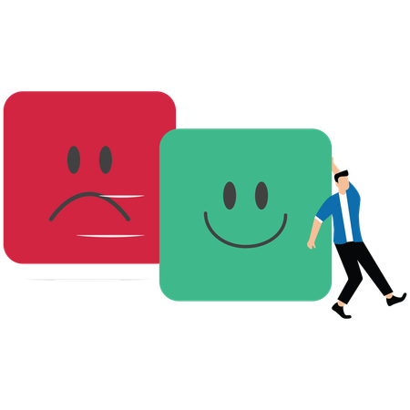 Man changing from sad expression face into happy expression face  Illustration