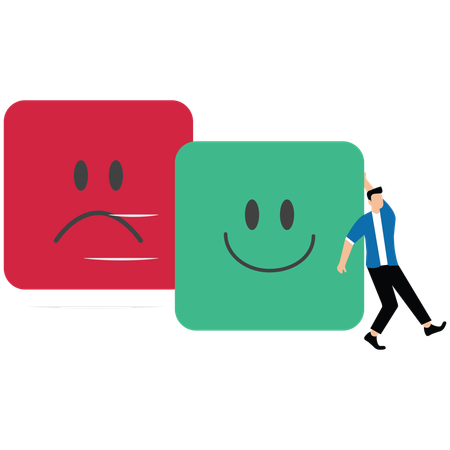 Man changing from sad expression face into happy expression face  Illustration