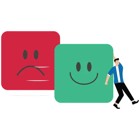 Man changing from sad expression face into happy expression face  Illustration