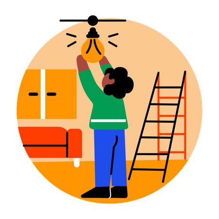 Man Changing Lightbulb in home  Illustration