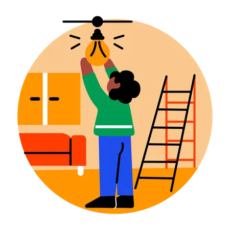 Man Changing Lightbulb in home  Illustration