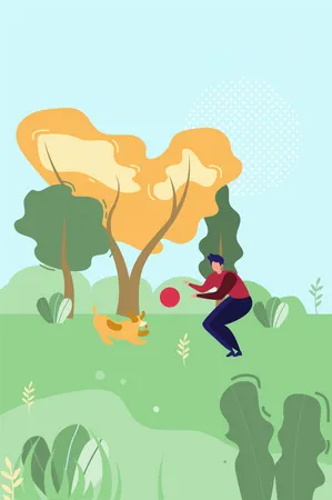 Man Character and Dog Playing with Ball in Park or Forest  Illustration