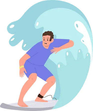Excited Crazy Man Character Extremely Riding Surfboard In Ocean Sea Water Surface Cartoon Vector Illustration Design Male Tourist Enjoying Fun Beach Recreation Active Surfer Traveler Exercising Illustration