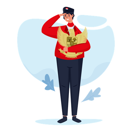 Man character holding garuda symbol in a salute pose  Illustration