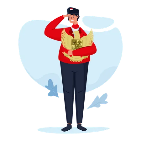 Man character holding garuda symbol in a salute pose  Illustration