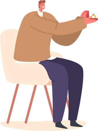 Man Character Sit On Chair, Holding A Box With An Engagement Ring  Illustration