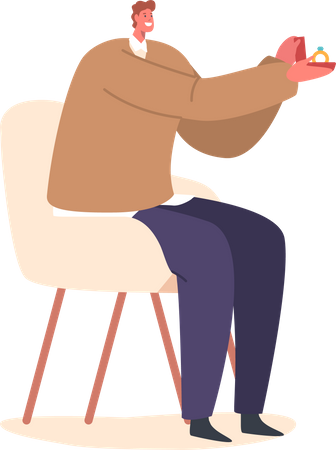 Man Character Sit On Chair, Holding A Box With An Engagement Ring  Illustration