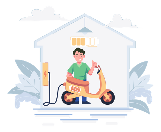 Man charge electric bike at home  Illustration