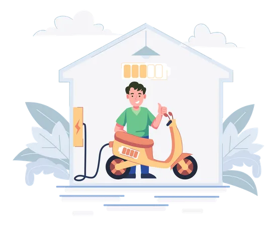 Man charge electric bike at home  Illustration