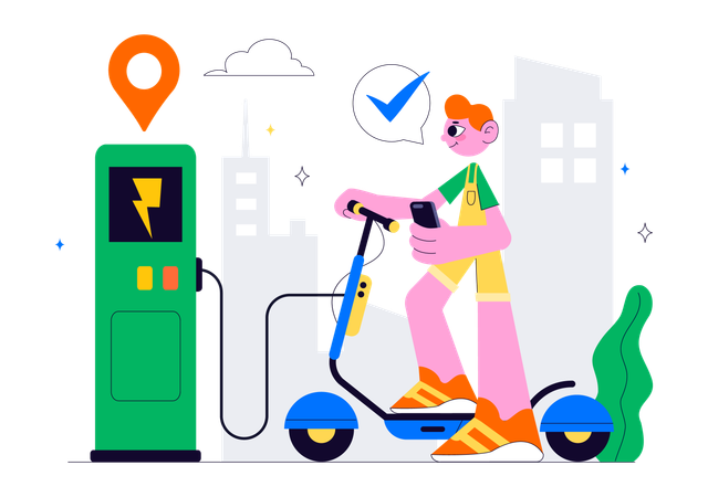 Man charges Electric Scooter  Illustration