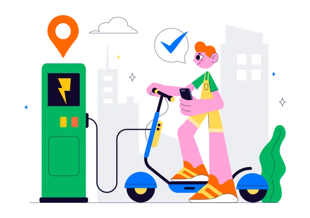 Man charges Electric Scooter  Illustration