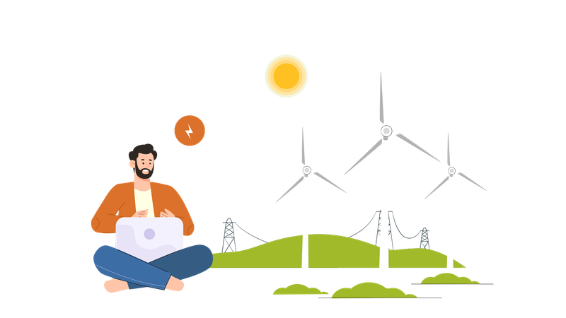 Man charges laptop using wind energy  Illustration