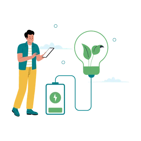 Man charges tablet using green energy  Illustration
