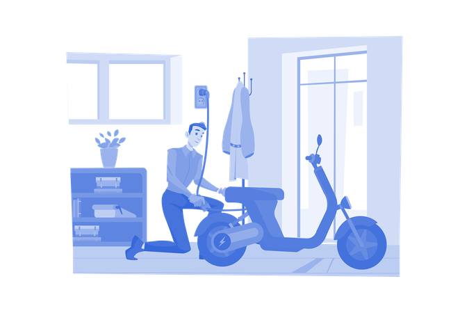 Man Charges The Electric Bike At Home  Illustration