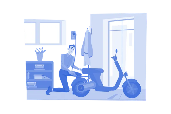 Man Charges The Electric Bike At Home  Illustration