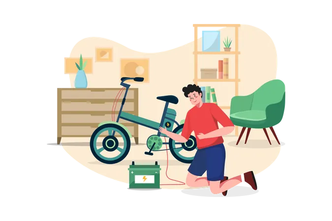 Man Charges The Electric Bike At Home  Illustration