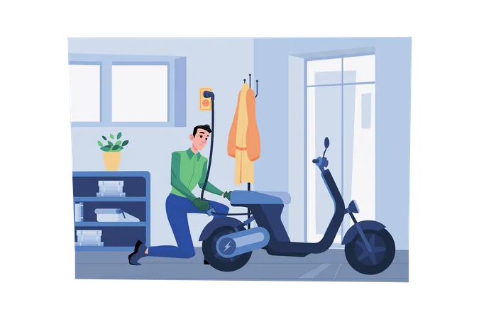 Man Charges The Electric Bike At Home  Illustration